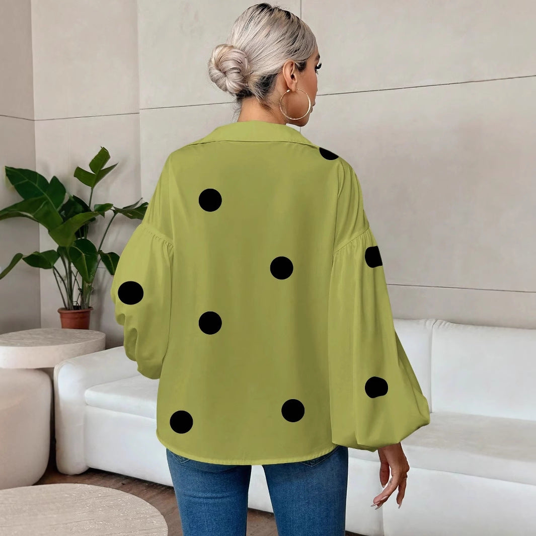 Polka Dot Half-Open Neck Loose Bubble Sleeve Long Sleeve Top