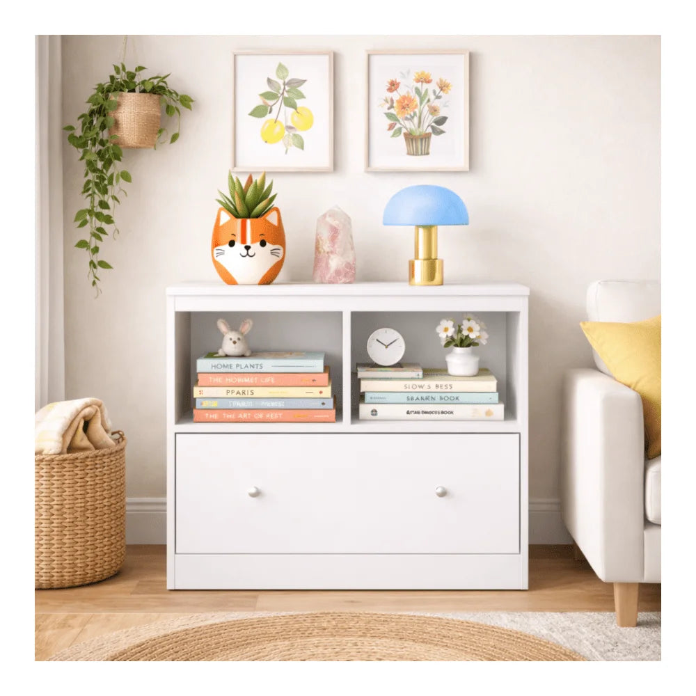 Storage Organizer With Large Drawer Low Bookshelf For Nursery And Playroom Wooden Cabinet For Books And Toys White