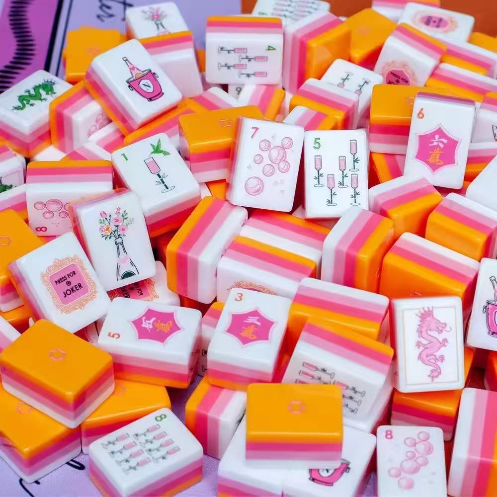 Four-Layer Orange Champagne Acrylic American Mahjong Tiles, Hand-Operated Portable Creative Outdoor and Home Mahjong Game