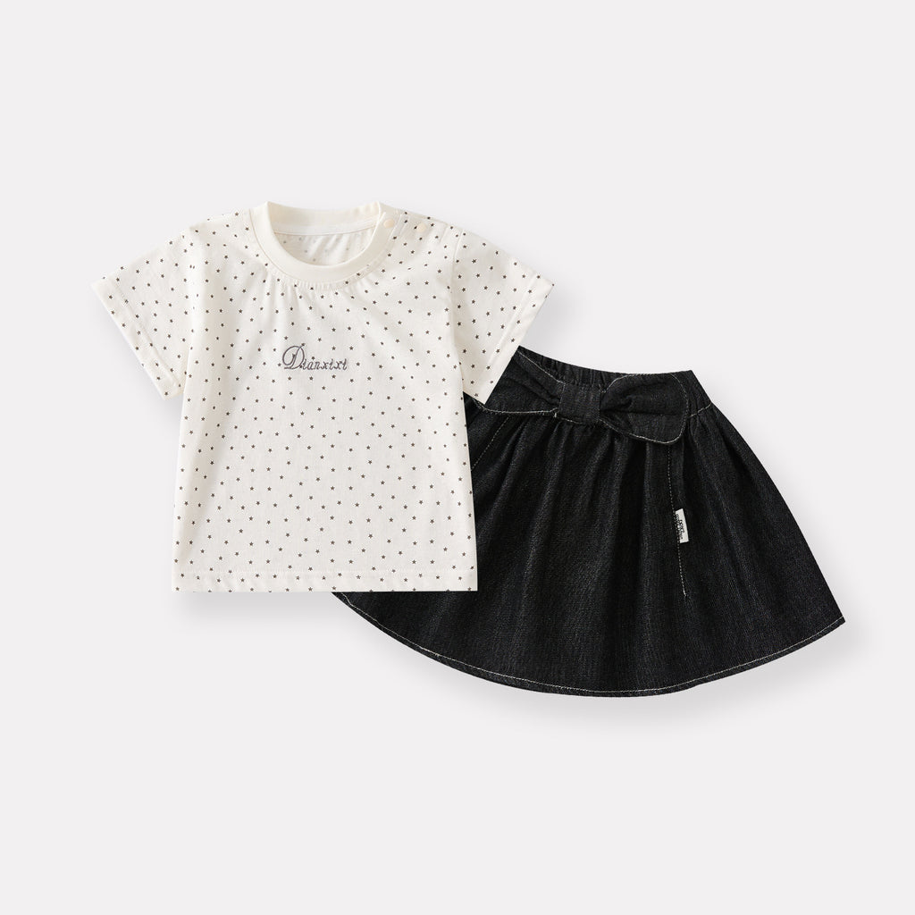 Print Star Short Sleeve Baby Girl Summer Casual Stylish Denim Skirt