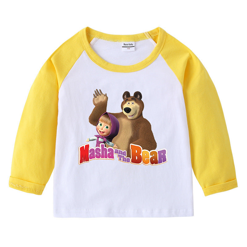 Children's cotton shoulder T-shirt with round neck and long sleeves