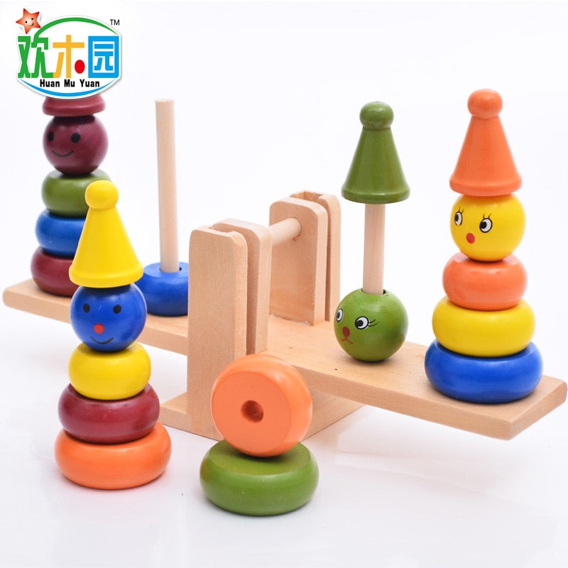 Montessori teaching AIDS children wooden rainbow tower balance toys, children clown balance blocks wood toys