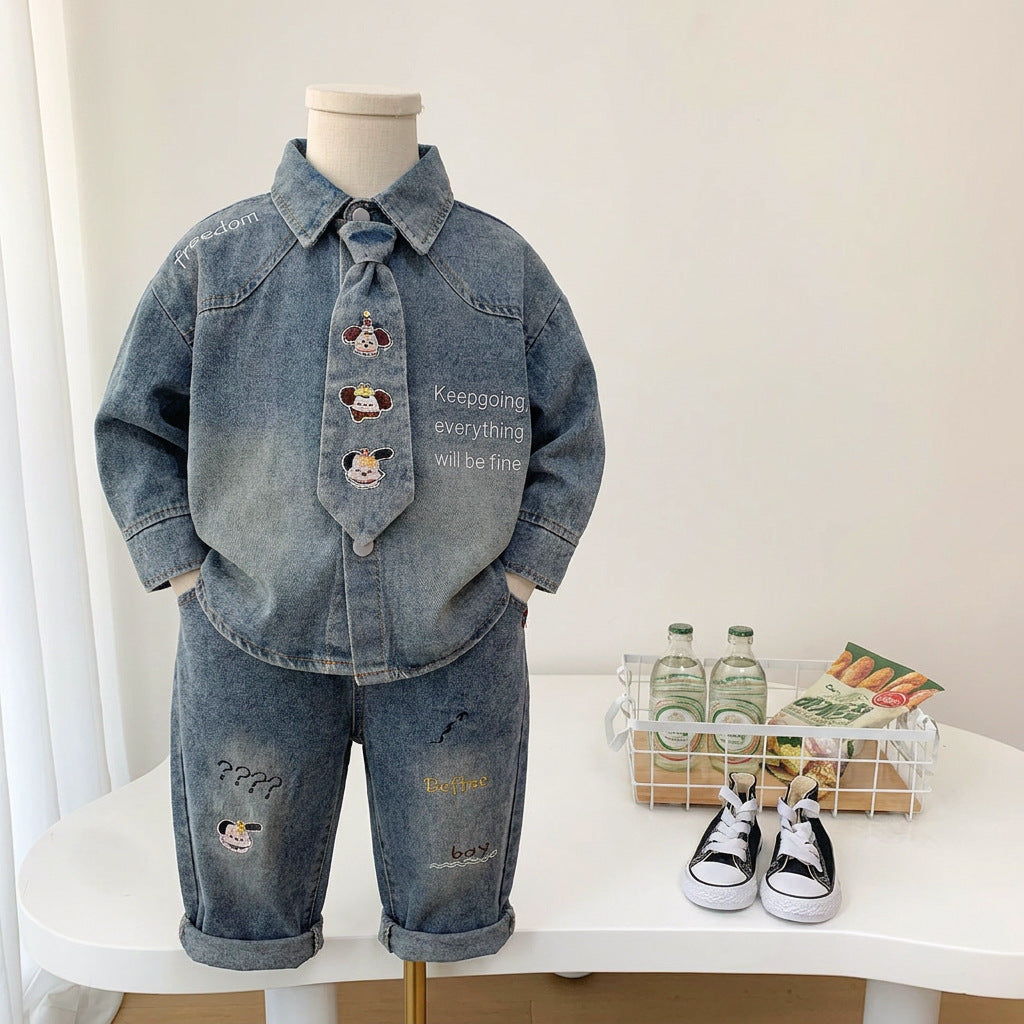 Autumn tie denim long sleeved two-piece set