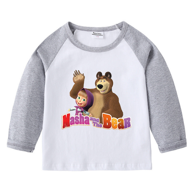 Children's cotton shoulder T-shirt with round neck and long sleeves