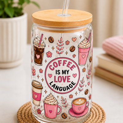 Coffee Is My Love Language Floral Glass Cup – 16oz Bamboo Lid & Straw