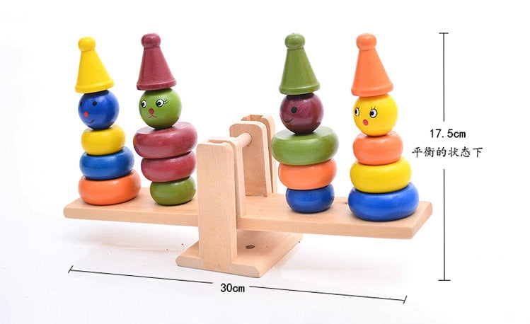 Montessori teaching AIDS children wooden rainbow tower balance toys, children clown balance blocks wood toys