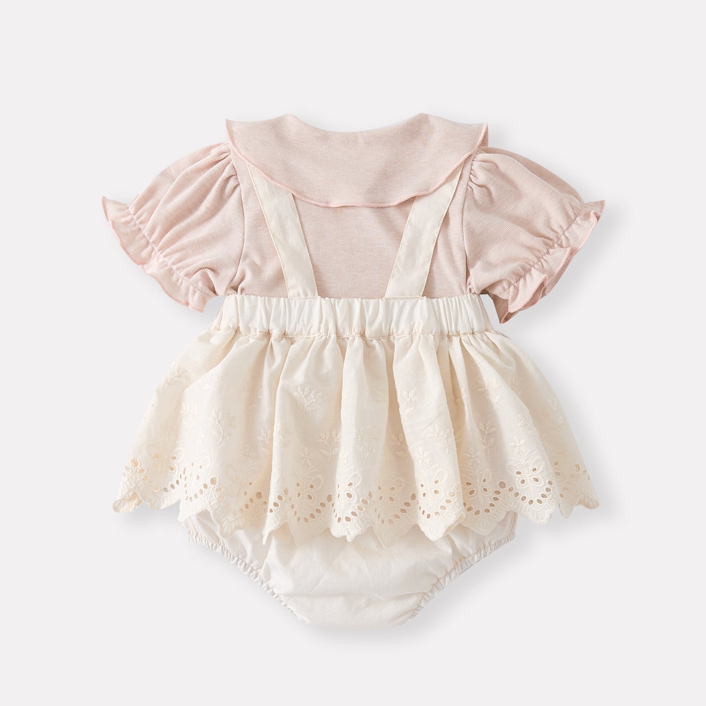 Cute Baby  Romper Set with Peter Pan Collar Short Sleeve Overalls Two-Piece Outfit