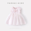 Grid Mesh Dress for Baby Girls Sweet Heart-shaped Bow Sleeveless Dress