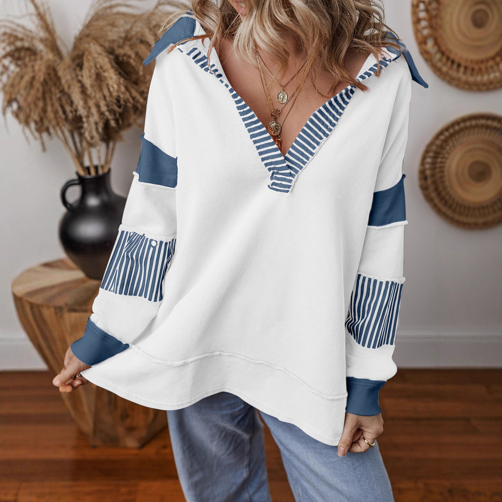 Casual Versatile Deep V-Neck Long Sleeve Loose Sweatshirt Top with Stripe Color Block Design