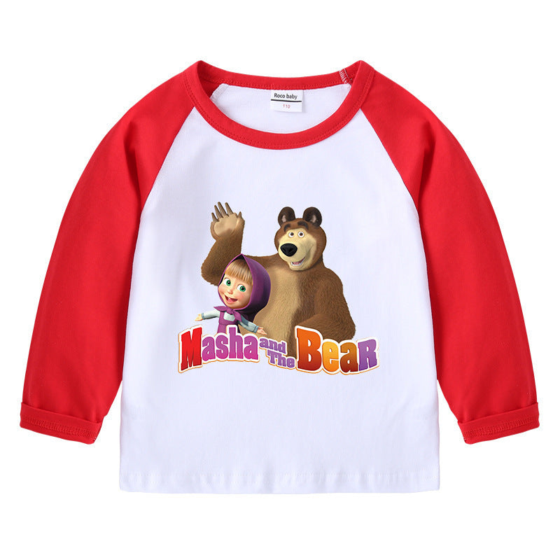 Children's cotton shoulder T-shirt with round neck and long sleeves