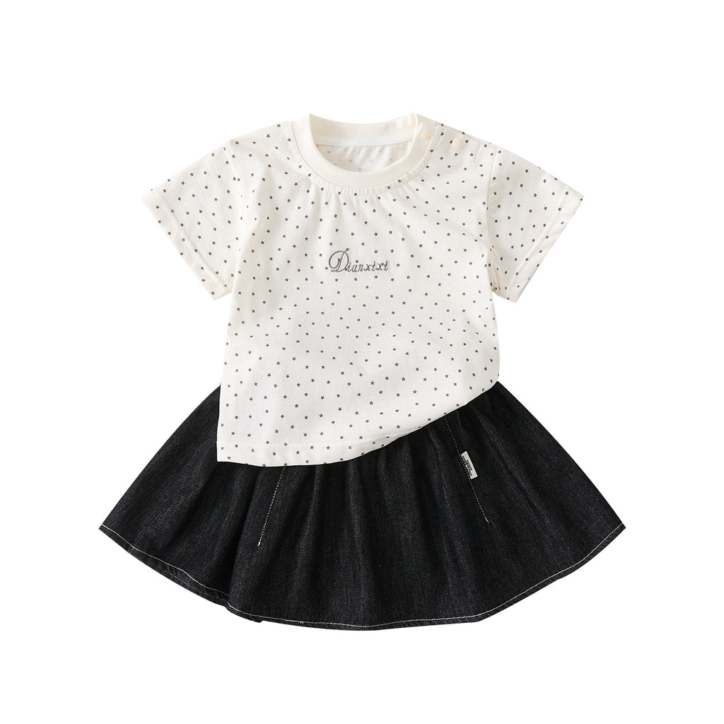 Print Star Short Sleeve Baby Girl Summer Casual Stylish Denim Skirt