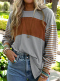Women's casual color-blocked striped long sleeve round neck pullover t-shirt