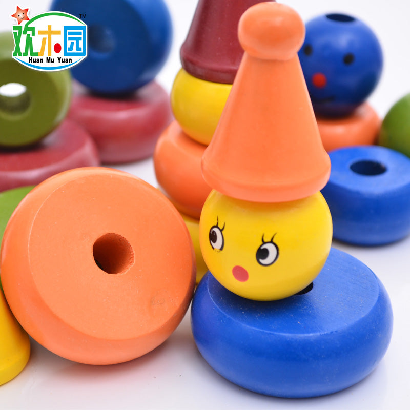 Montessori teaching AIDS children wooden rainbow tower balance toys, children clown balance blocks wood toys