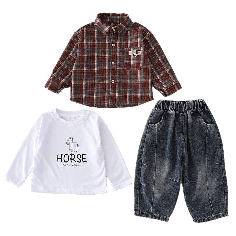 Three piece casual children's autumn checkered shirt set
