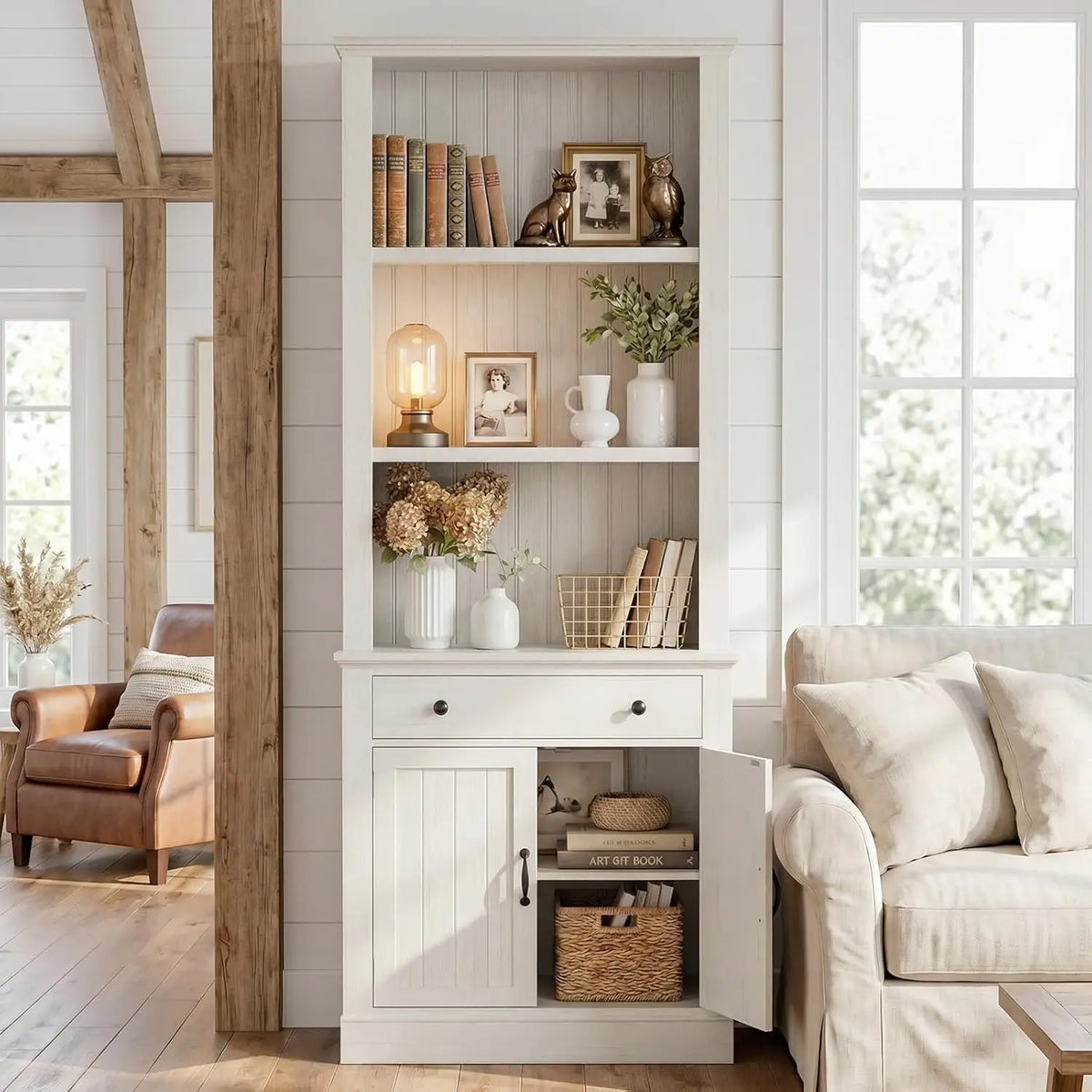 2Pcs 80" Tall Bookshelf with Drawer and Doors, Rustic White Bookcase Farmhouse Storage Cabinet with Display Open, Customized