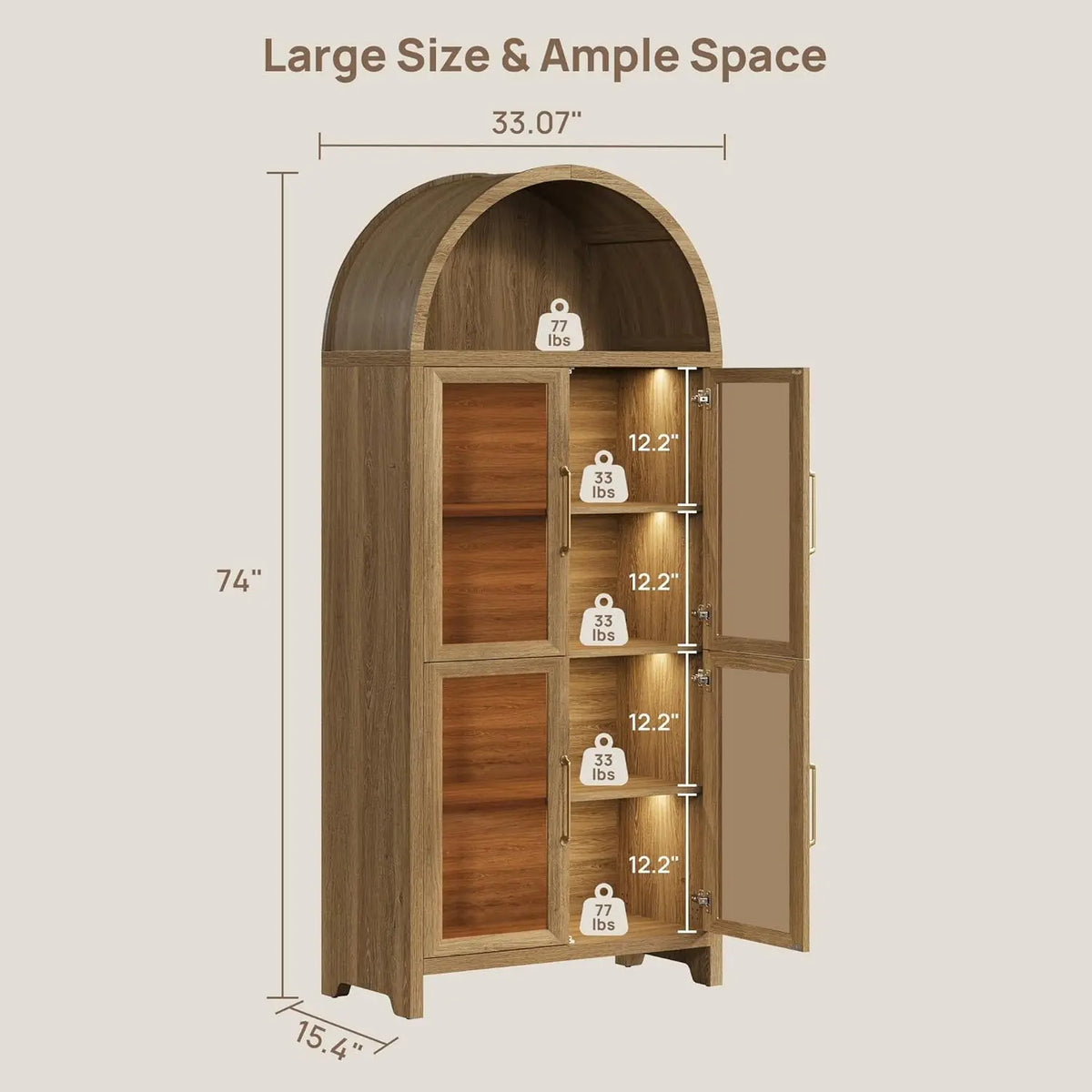 74" Arched Cabinet with Glass Doors Set of 2, Brown Oak | Modern Style, 3-Color Rechargeable Magnetic LED, Tempered, Customized