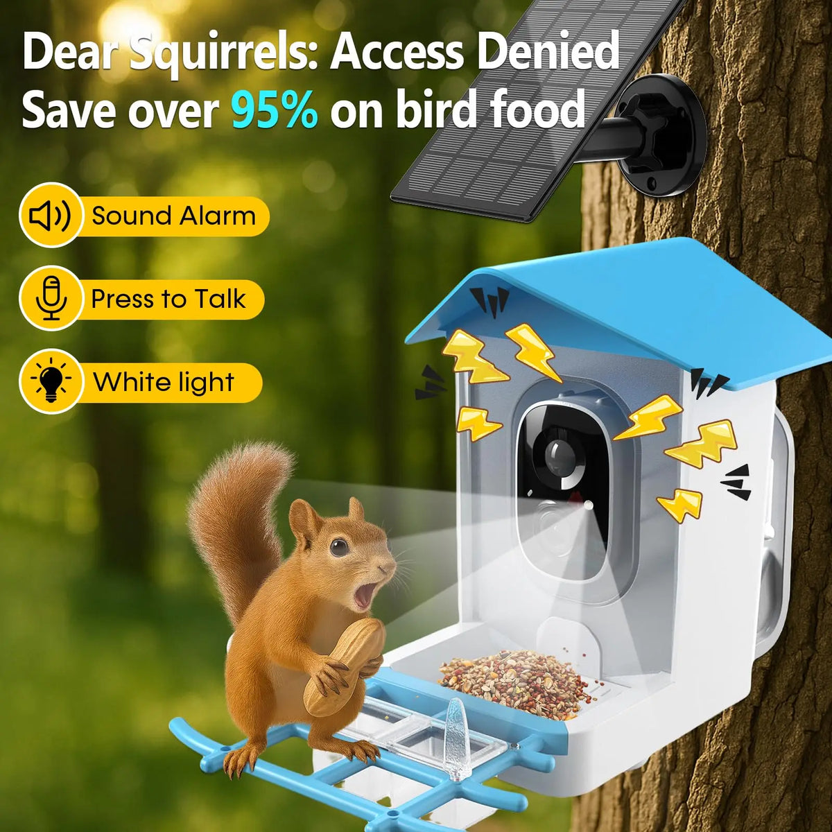 Smart Bird Feeder Camera 2K Live Stream AI Recognition Solar Motion Alert SquirrelProof Sensor Night Vision Weatherproof Outdoor