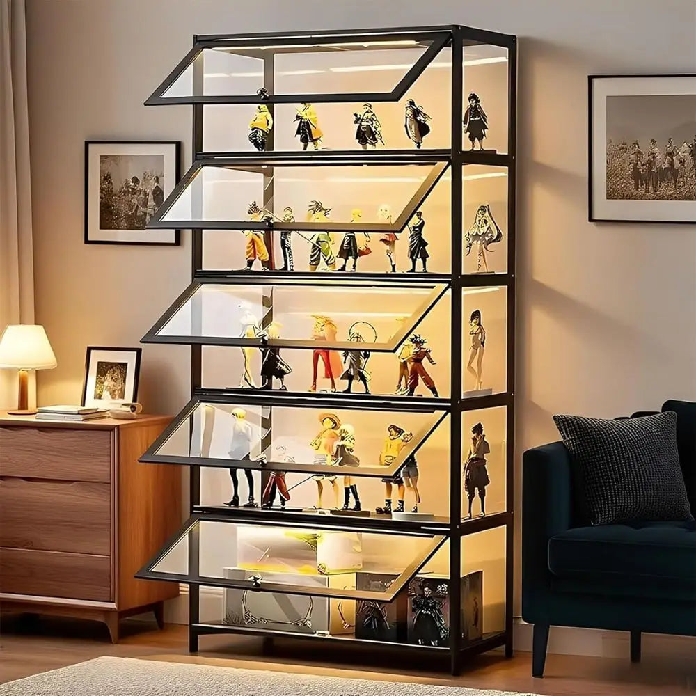 5-Tier Bamboo Acrylic Glass Door Display Cabinet for Collectibles, Toys, and Books - Ideal for Home, Playroom, Living Room, and