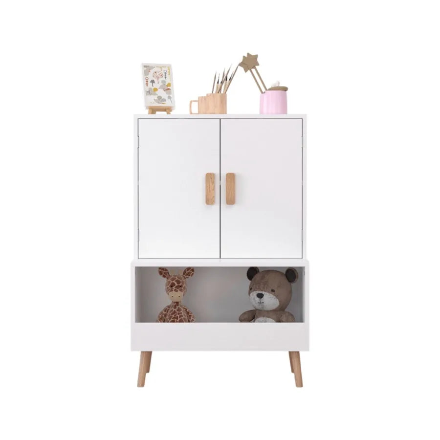 37 Toy Storage Cabinet with Doors and Open Shelf Modern Toddler shelf Organizer for Playroom or Bedroom White