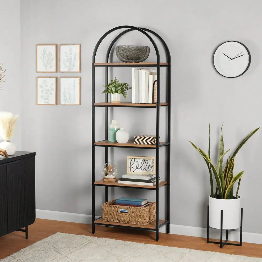 Arched Bookshelf, Wood And Metal Open Bookcase Display Shelf For Living Room, Office And Bedroom, Walnut