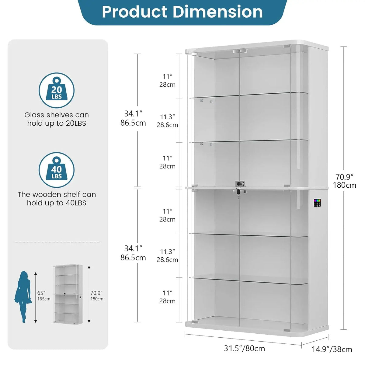71" Tall Display Cabinet with Glass Doors, Rounded Curio Cabinet with Motion Sensor RGB Lights, 6-Tier Lockable, Customized