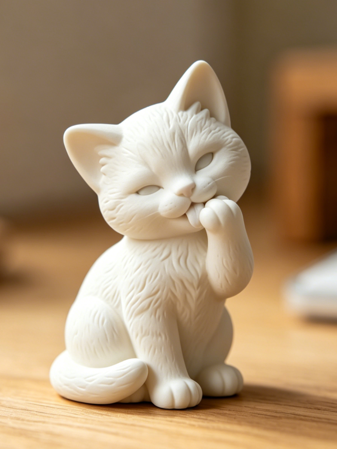 3D printed white cat figurine licking its paw on a wooden surface