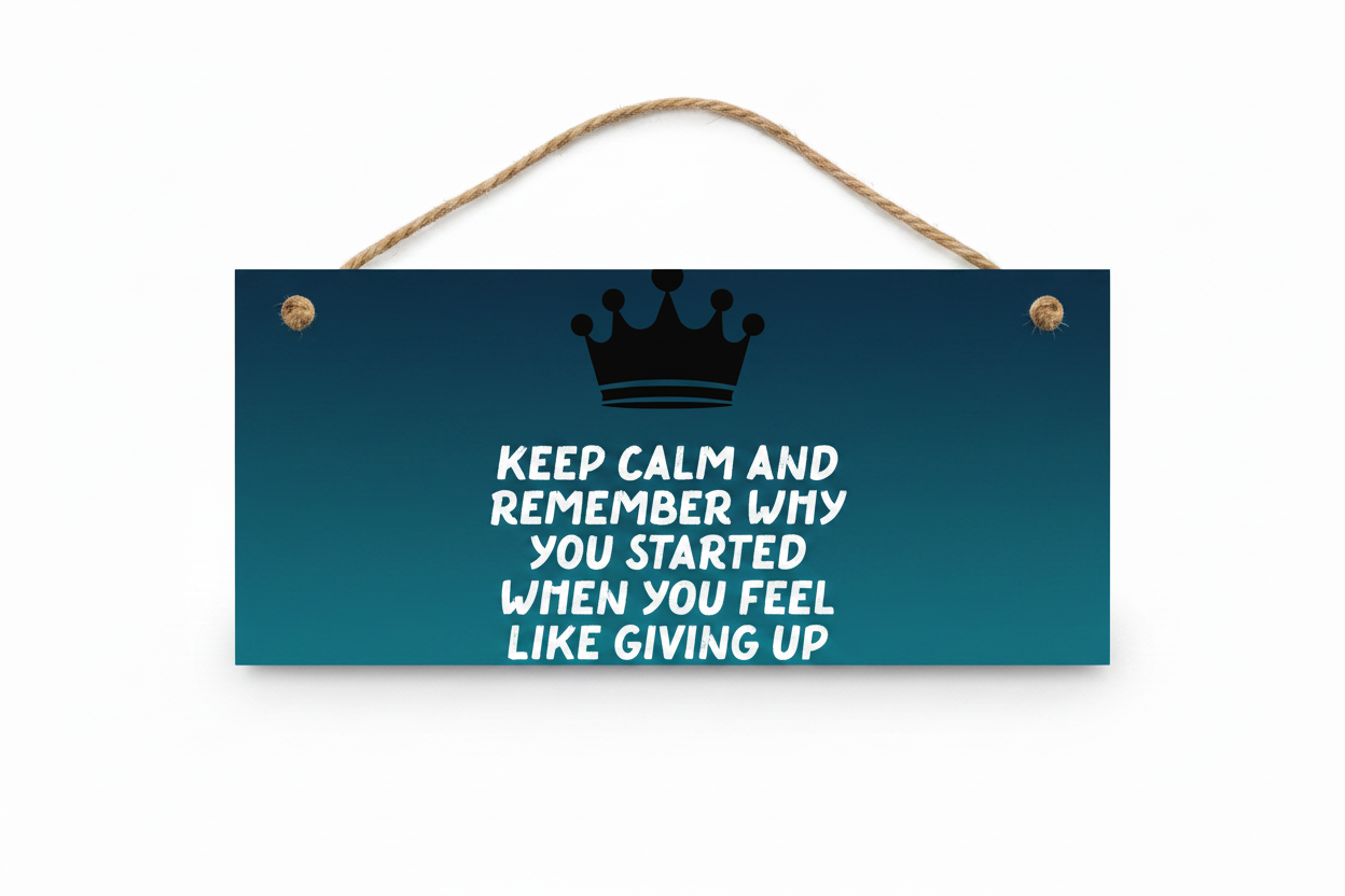 Keep Calm and Remember Why You Started motivational door sign plaque dark teal blue